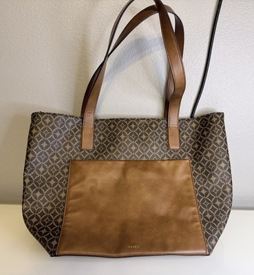 Fossil Darby Satchel   Brown Geometric Pattern   Leather Trim   Great Condition