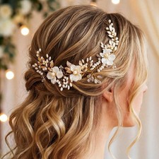 Gold Flower Hair Vine Headpiece Bridal Headband Pearl Wedding Accessory
