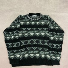 Vintage Abstract Knitted Jumper Patterned Grandad Chunky Knit Sweater Men's Xl