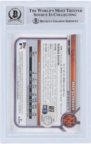 Max Scherzer New York Mets Autographed 2022 Bowman Series 1 #91 Beckett 10 Card - Image 2 of 3