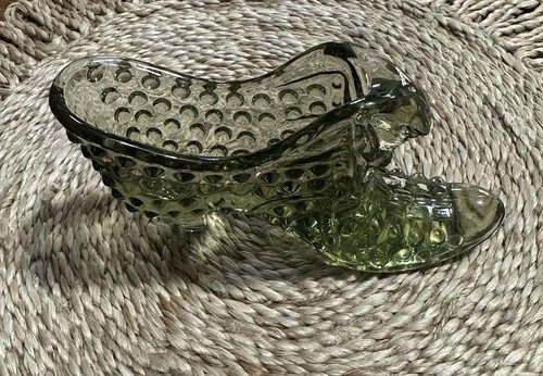 Vintage Fenton Art Glass Olive Green Hobnail Cat Head Shoe Slipper Heel Boot