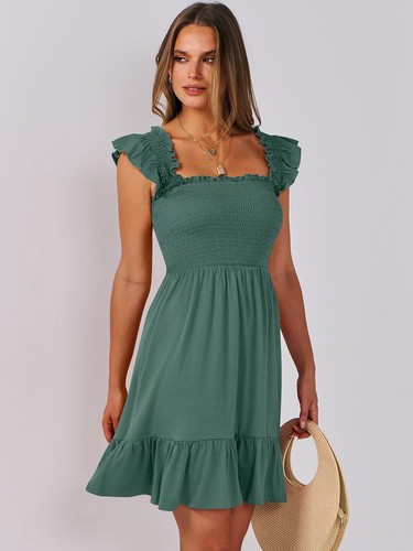 Women's Summer Casual Sleeveless Square Neck Dress 2025 Smocked Ruffle Backle... - Picture 8 of 9