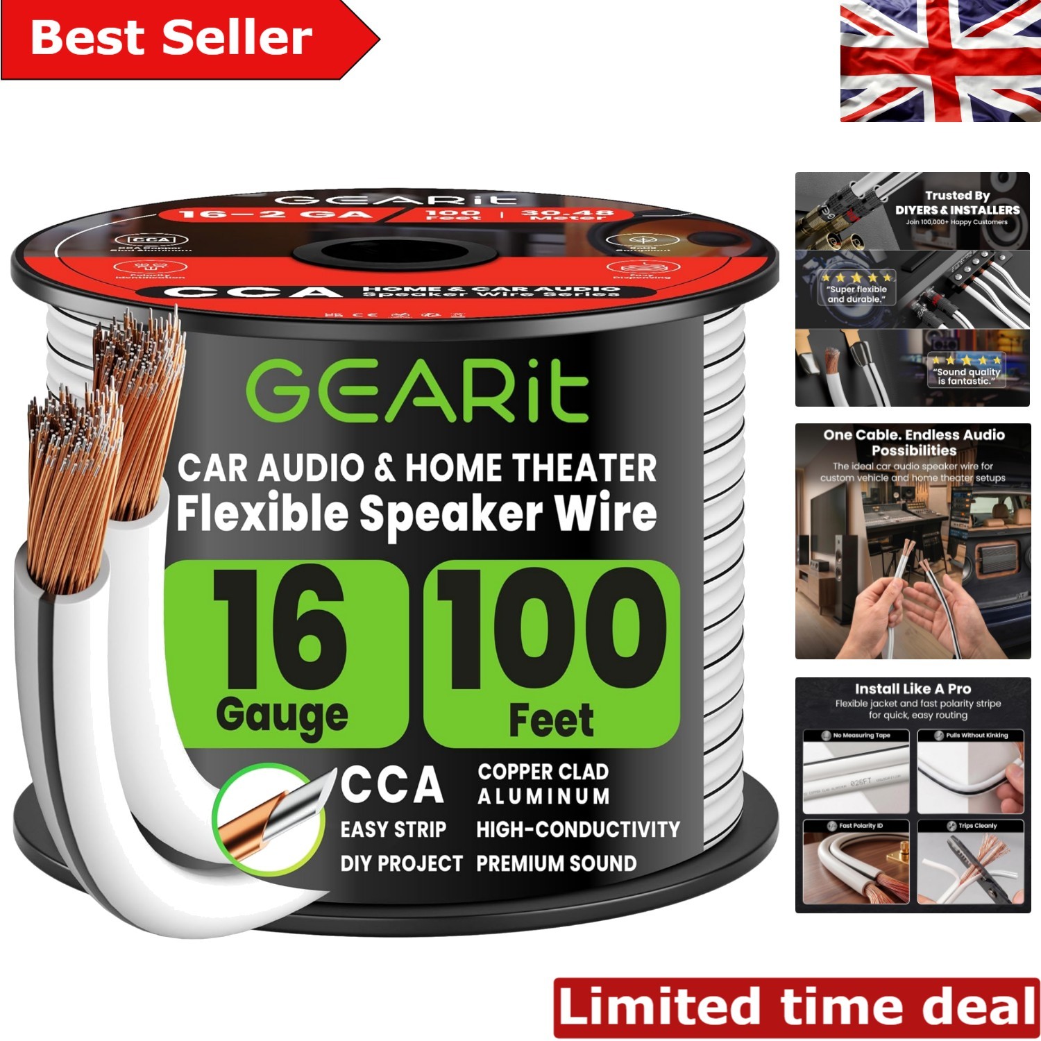 Versatile 30.48m Speaker Cable - 16 Gauge Stranded CCA Wire for Custom Usage