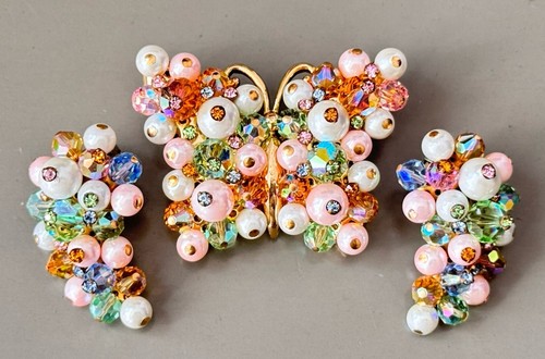 Vintage LAGUNA Butterfly Brooch & Earring Set, Cluster Faux Pearls & Glass Beads