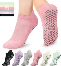 6 Pairs Non Slip Grip Socks for Women Pilates Yoga Barre Hospital Anti Skid 