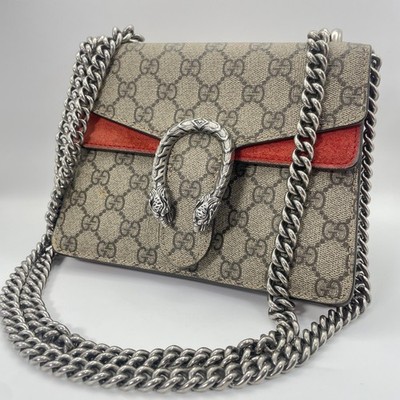 GUCCI 421970 Chain Shoulder Bag GG Supreme Canvas Beige Red #2253