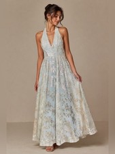 Windsor Cinderella Blue & Metallic Sliver Floral Ballgown Halter Dress Size 11