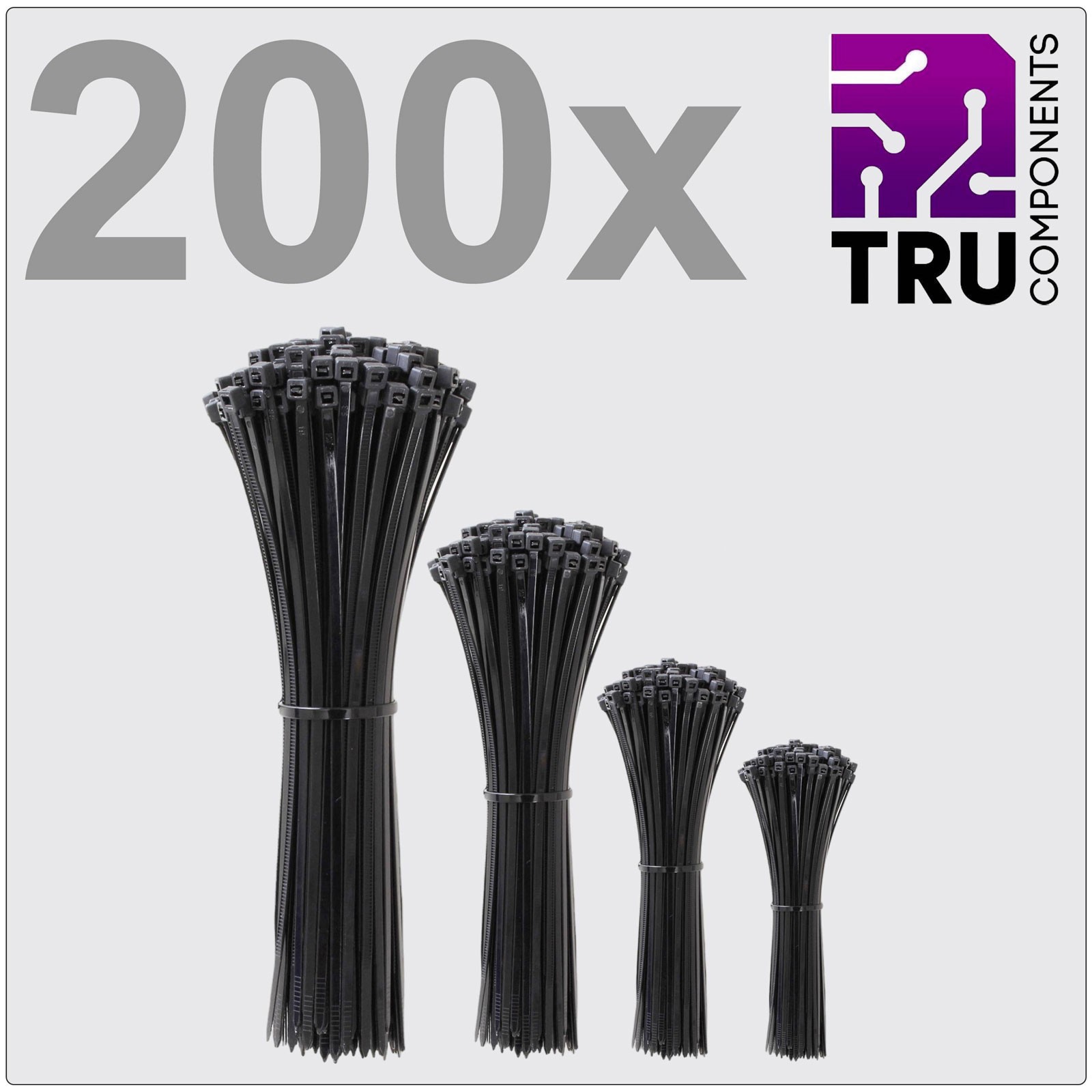 TruComponents Cable tie 100/150/200/300mm 3.6mm Blk UV-proof 200pcs