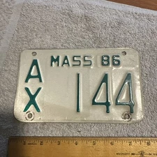 1986 Massachusetts Motorcycle License Plate # AX 144