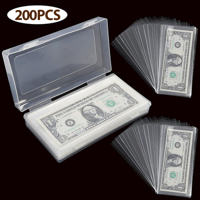 200 Pack Dollar Bill Holder Clear Rigid Sideload Currency Sleeves + Storage Case