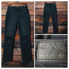American Eagle Jeans 4 High Rise Mom Ripped Distressed Black Denim Stretch