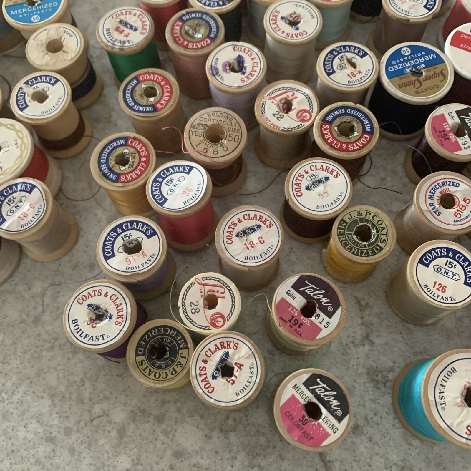 Vintage Lot of Old Wooden Sewing Thread Spools W/Thread & Empty Spools