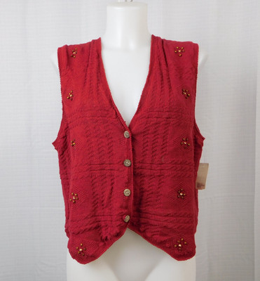 Vintage Jantzen Chunky Knit Wood Beaded Cotton Blend V-Neck Vest Red Large