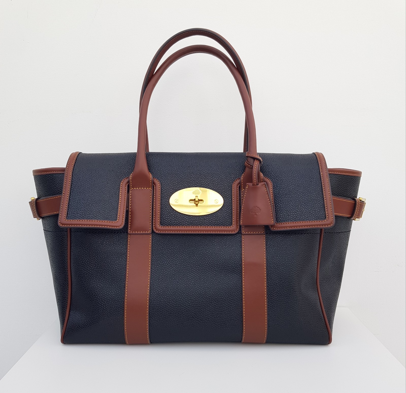 MULBERRY Bayswater Black & Cognac Bio-Based Scotchgrain &  Leather Bag