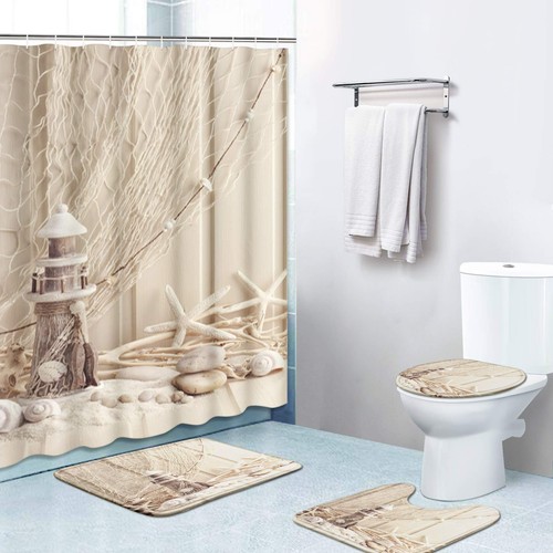 4 Piece Shower Curtain Sets, Beach Beige with Non-Slip Rugs, Toilet Lid Cover...