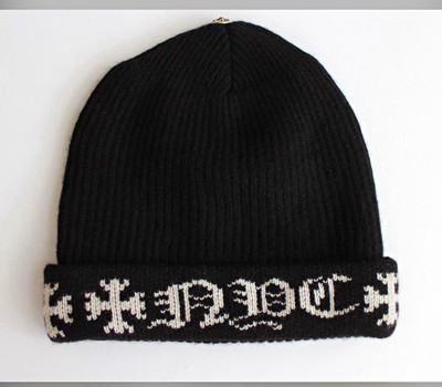 Chrome Hearts Black Knit Cuffed Beanie Hat White Cross Graphic Stretch One Size
