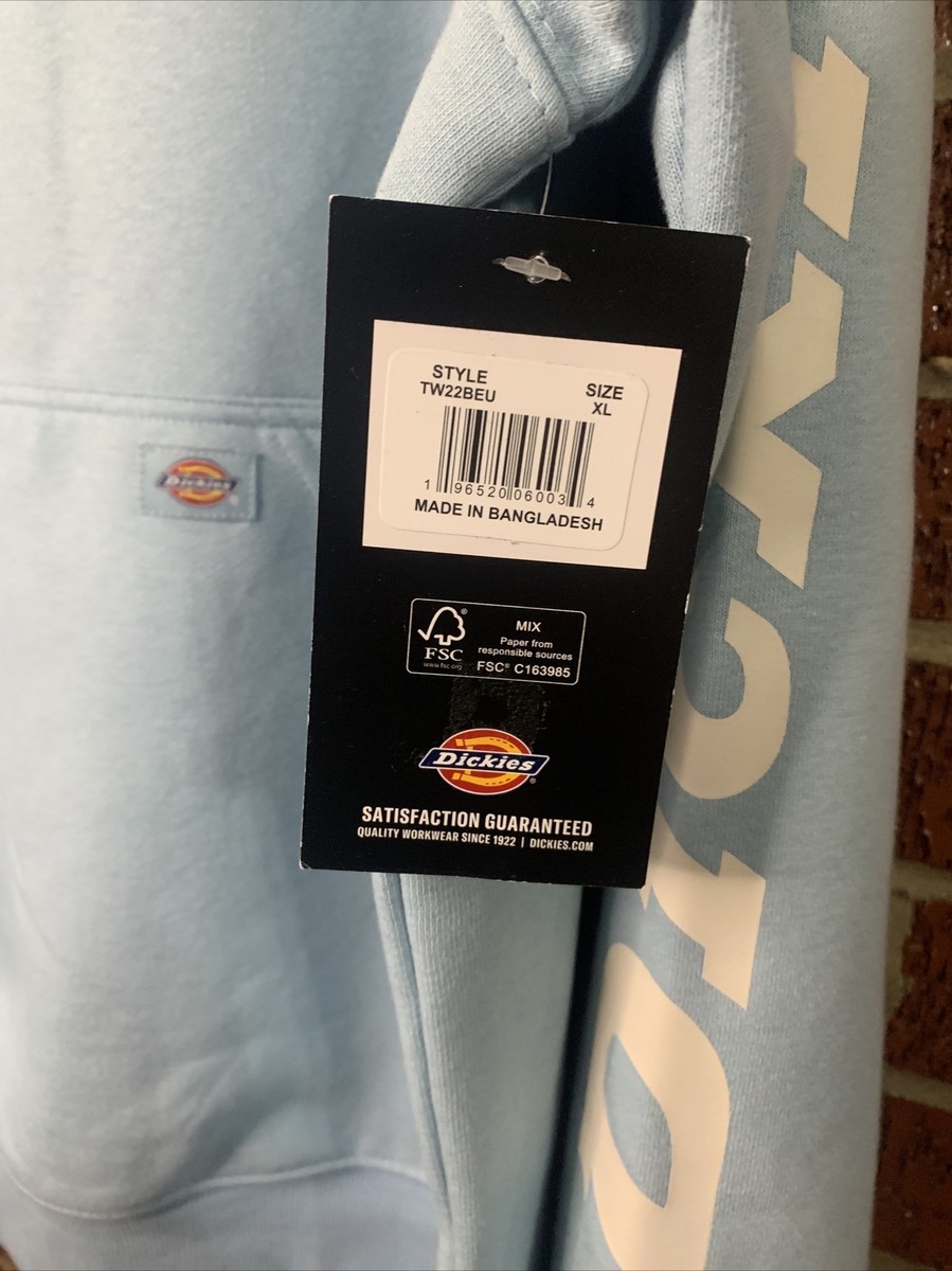 Dickies Men's Hoodie Pullover Fleece Light Blue Logo Sleeve NEW XL