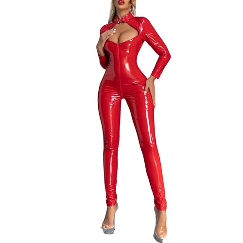 Womens Bodysuit Shiny Patent Leather Catsuit Full Body Latex Tight Zip Jumpsuit - Picture 14 of 21