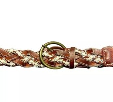 Flower Crochet Braided Vegan Leather Western Belt Brass Buckle Large Boho