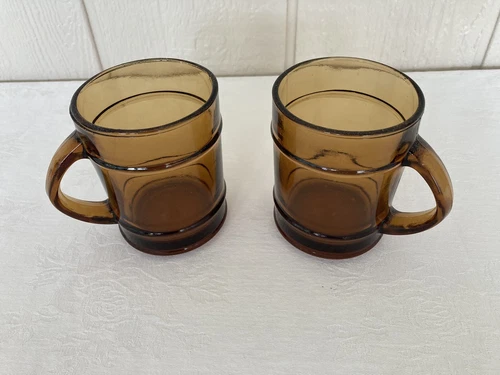 2 Vintage 70’s Anchor Hocking Fire King Clear Brown Glass Barrel Coffee Cup set