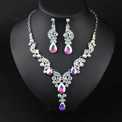 Bridal Crystal Rhinestone Diamond Tear Drop Necklace Earrings Jewelry Set |  eBay
