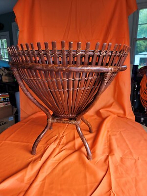 Vintage Rattan and Glass top fish Trap basket Side end Table Franco Albini style