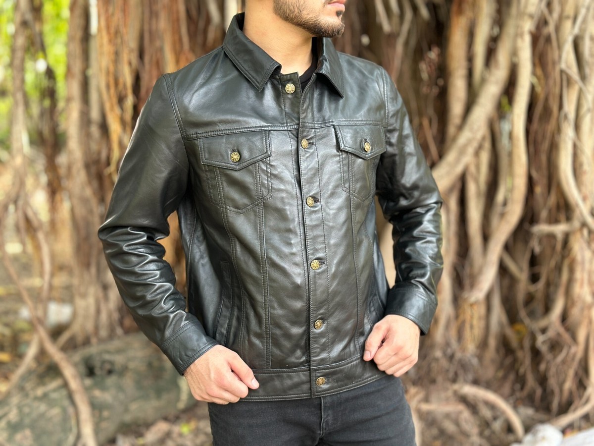 Men's Real Leather Black Trucker Jacket Black Leather