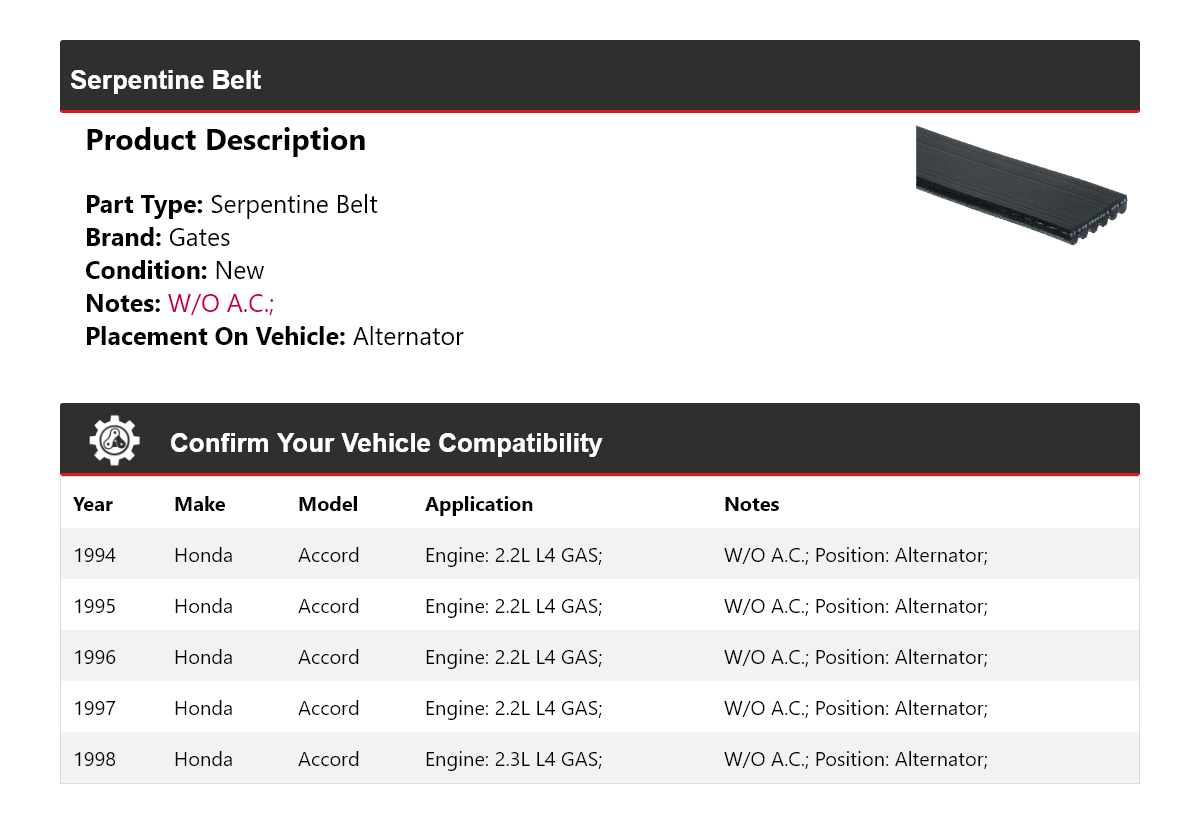 For 1994-1998 Honda Accord Serpentine Belt For Alternator Gates