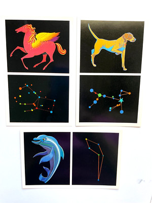 Postcard Set of 3 Constellations: Ursa Major/LargeDog, Delphinu/Dolphin, Pegasus