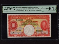 Malaya:P-13,10$ 1941 * King George VI * PMG Ch. UNC 64 EPQ *