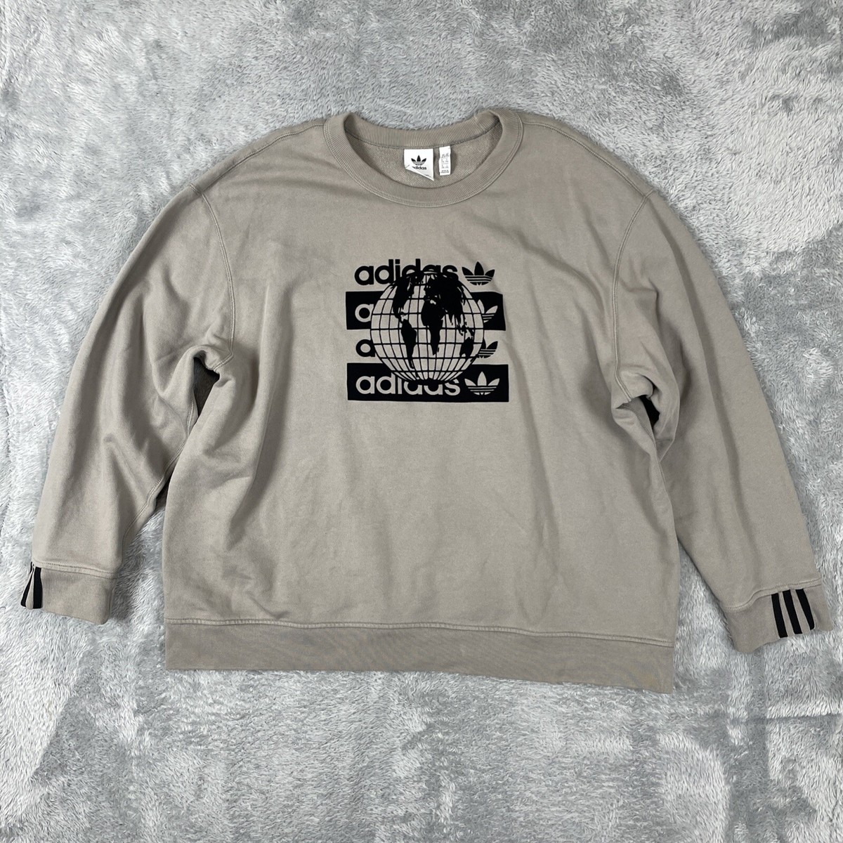 Adidas Sweatshirt Men's 2XL Gray Crewneck Pullover Globe Stripe