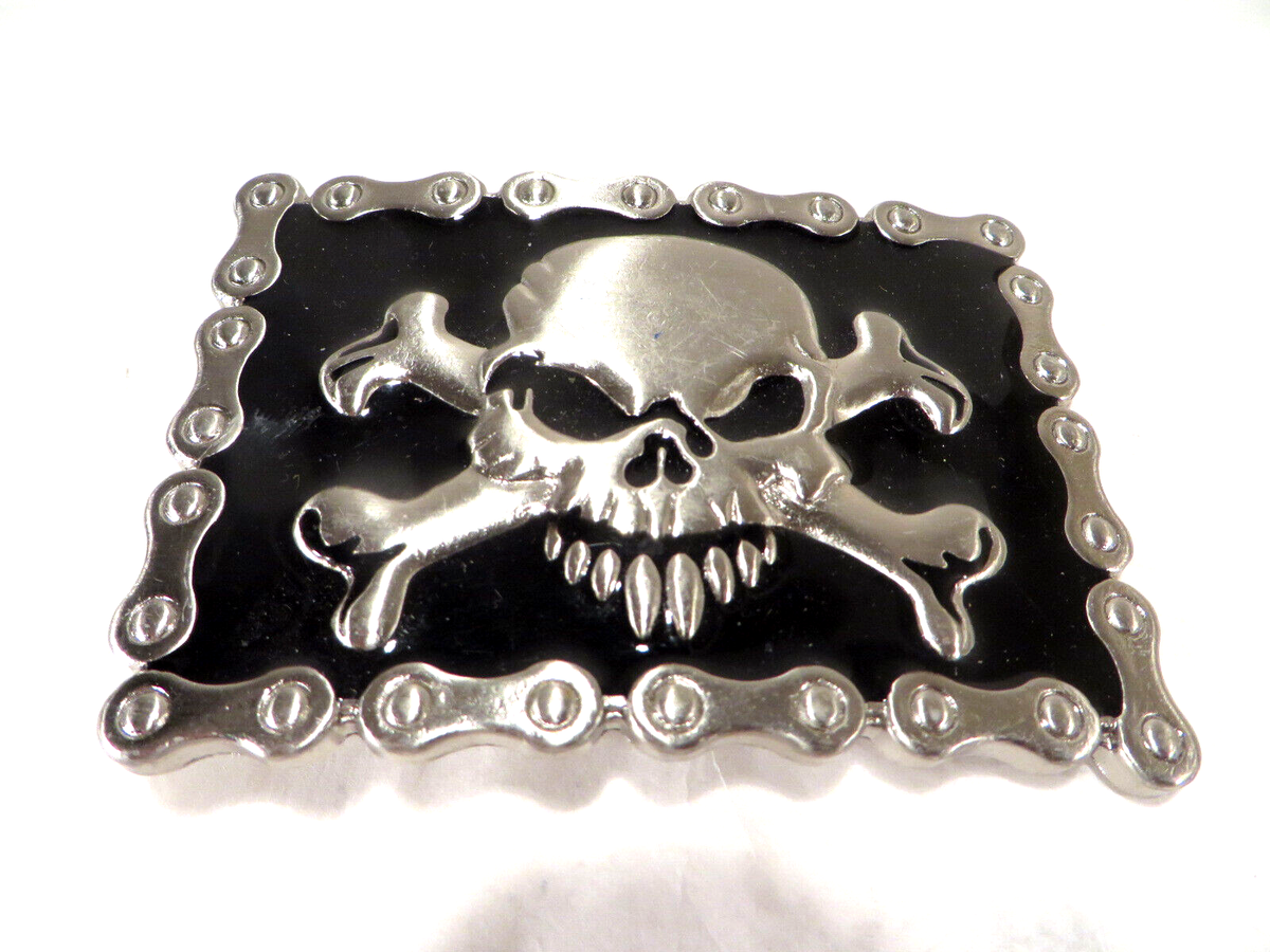Skull & Cross Bones Enameled Belt Buckle Biker Metal 3