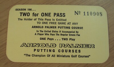 VTG 1960's MINIATURE Golf~'TWO FOR ONE PASS'~ARNOLD PALMER Putting Courses~(J)