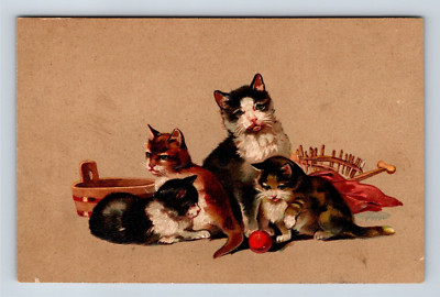 Mother Cat And Her Three Kittens Playing With Red Ball Embossed Postcard