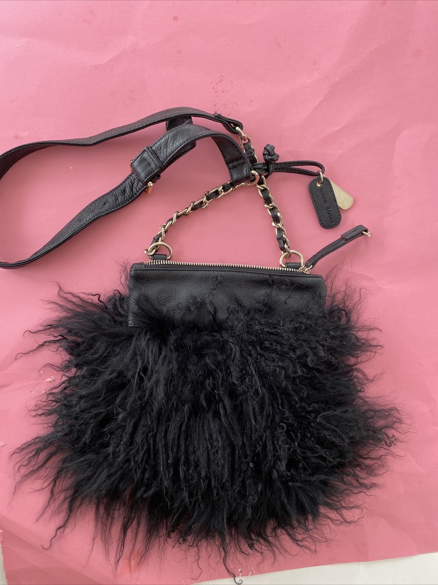 Aqua Madonna Mongolian Lambswool Crossbody Purse Black New - Main Image
