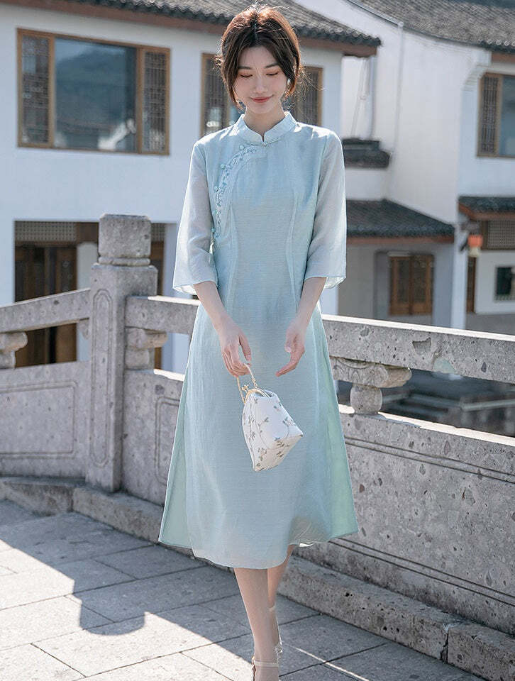 Light Green Loose Cheongsam Qipao Dress With Floral Embroidery Light Green Loose Cheongsam Qipao Dress With Floral Embroidery