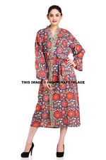 Women's 100 Cotton Hand Block Print Blue Floral Spa Kimono Robe Bathrobe Coat