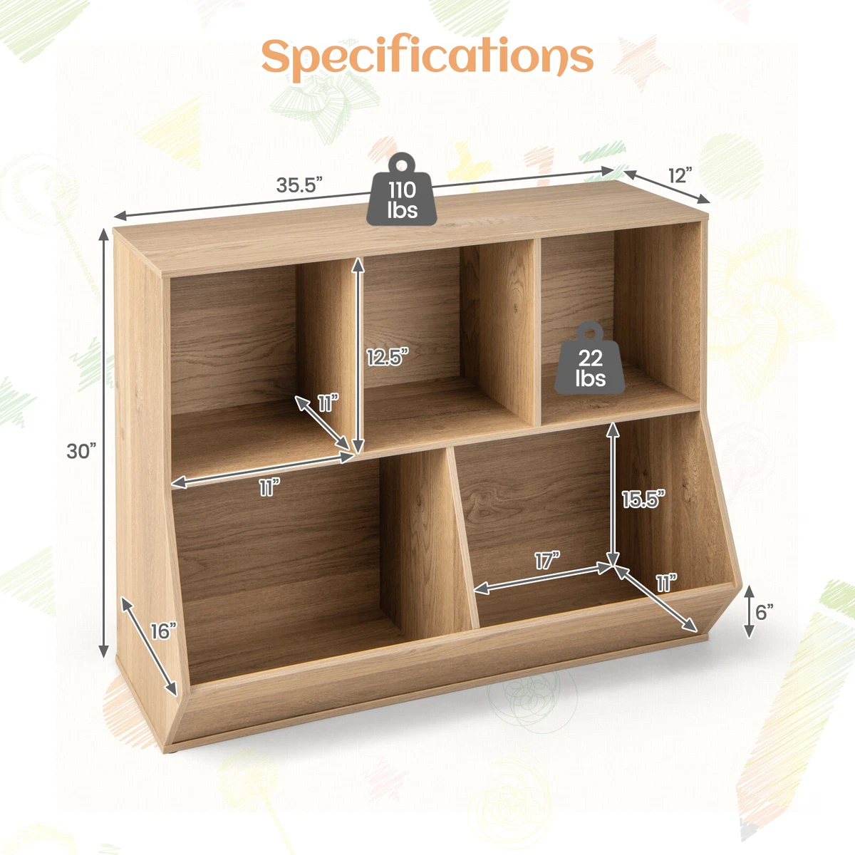 5 Cubby Kids Toy Storage Organizer Wooden Bookshelf Display