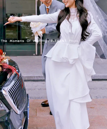 French Mermaid Vintage Wedding Dress, Veil + Crown + PearEar Clips - Picture 7 of 11