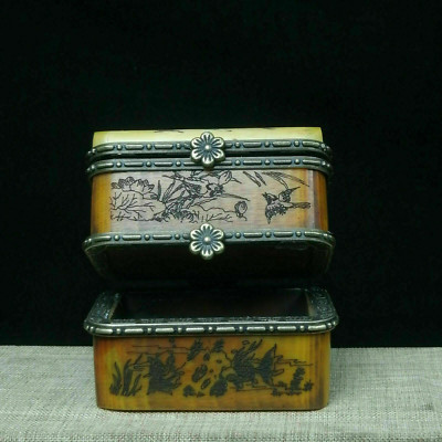 Rare Small Unique Vintage Antique Camel Bone Plum Trinket Jewelry Box