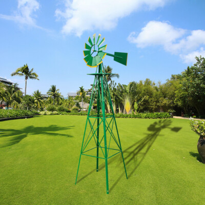 US 8' Windmill Ornamental Wind Wheel Garden Yard Weather Vane Metal Green Rustic