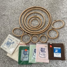Lot 11 Wooden Vintage Embroidery Hoops Plus Some Cross Stitch Fabric