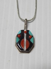 VINTAGE ZUNI INDIAN STERLING SILVER TURQUOISE INLAY + OVERLAY PENDANT NECKLACE