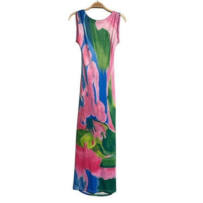 #ad New Commense Abstract Floral Elegant Multicolor Sleeveless Maxi Dress Small $35.00