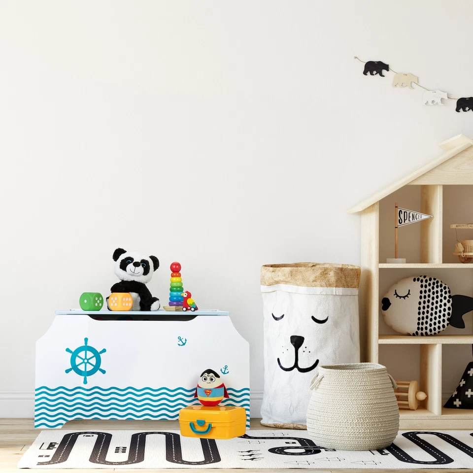 Coffre jouets blanc bleu Boîte couvercle Rangement Caisse jeu chambre enfant mer - Photo 2/4