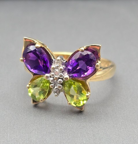 VTG 10K Yellow Gold Peridot Amethyst & Diamond Butterfly Ring Size 6.5 Signed