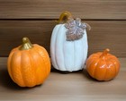 Set Of 3 Ceramic Pumpkins Fall Halloween Home Decor Orange White Metal Leaf