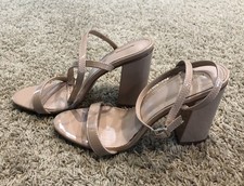 Pretty Little Thing Nude Patent Block Heel Sandals -size 7 Beige
