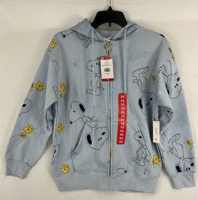 NWT Women s XS Peanuts Snoopy Woodstock Blue Embroidered Hoodie Sweatshirt