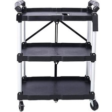 3-Layers Folding Collapsible Plastic Service Cart with Metal Frame,Black